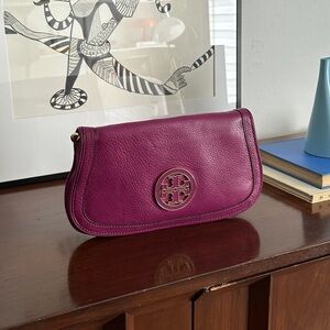 Tory Burch Plum Leather Wristlet with Gold Logo